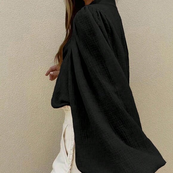 Black Casual Women's Plain Button Up Half Placket Lantern Sleeve Blouse - Picture 2 of 3